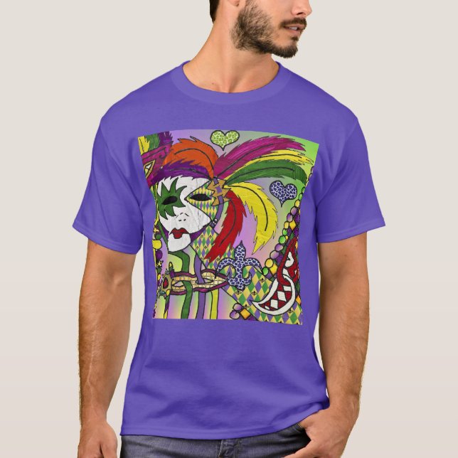 Psychedelic Mardi Gras Feather Mask T-Shirt (Front)
