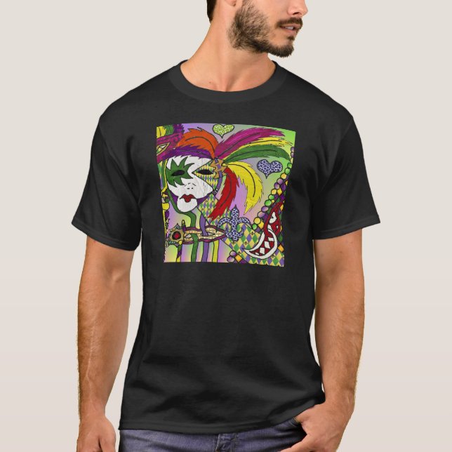 Psychedelic Mardi Gras Feather Mask T-Shirt (Front)