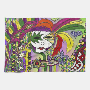 Psychedelic Mardi Gras Feather Mask Tea Towel