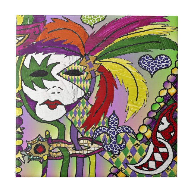 Psychedelic Mardi Gras Feather Mask Tile (Front)