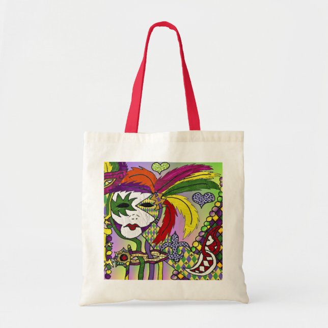 Psychedelic Mardi Gras Feather Mask Tote Bag (Front)
