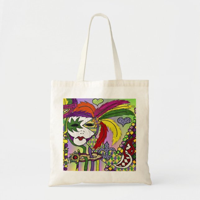 Psychedelic Mardi Gras Feather Mask Tote Bag (Front)