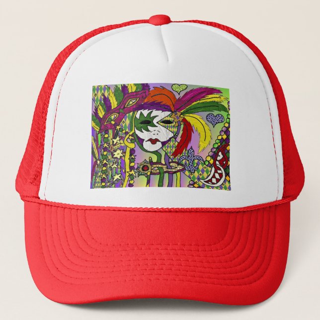 Psychedelic Mardi Gras Feather Mask Trucker Hat (Front)
