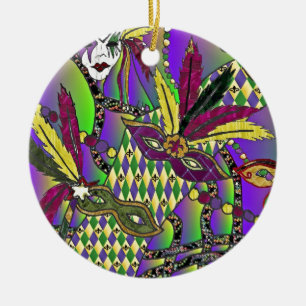Psychedelic Mardi Gras Feather Masks Ceramic Tree Decoration