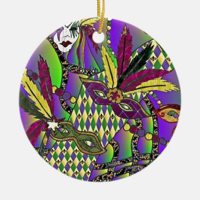 Psychedelic Mardi Gras Feather Masks Ceramic Tree Decoration (Front)