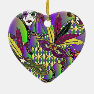 Psychedelic Mardi Gras Feather Masks Ceramic Tree Decoration