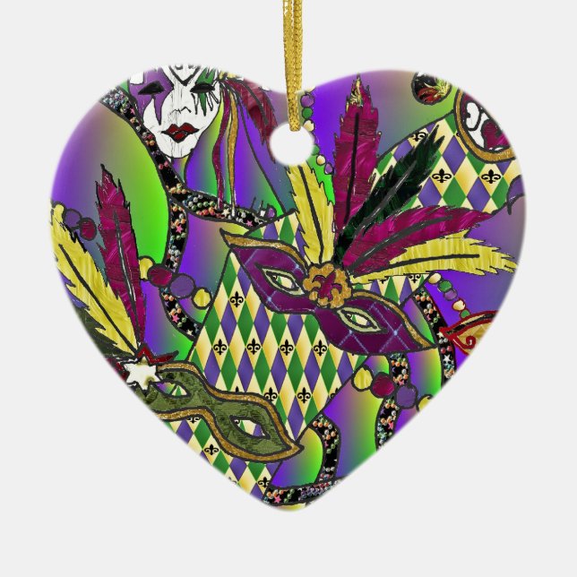 Psychedelic Mardi Gras Feather Masks Ceramic Tree Decoration (Front)