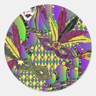 Psychedelic Mardi Gras Feather Masks Classic Round Sticker