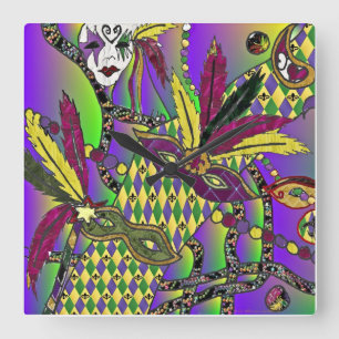 Psychedelic Mardi Gras Feather Masks Clock