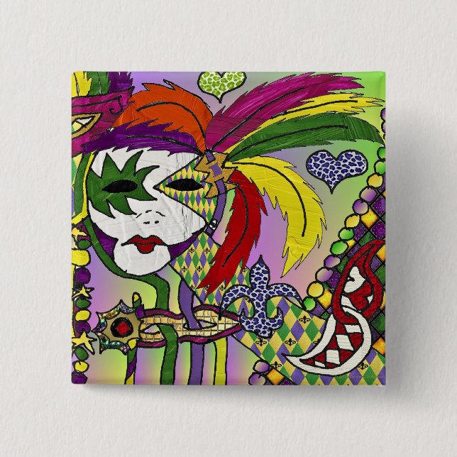 Psychedelic Mardi Gras Feather Masks Gifts Apparel 15 Cm Square Badge (Front)