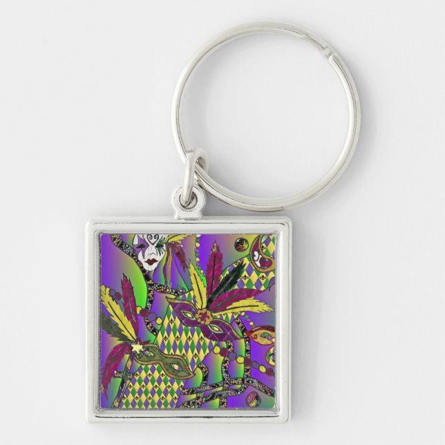 Psychedelic Mardi Gras Feather Masks Gifts Apparel Key Ring (Front)