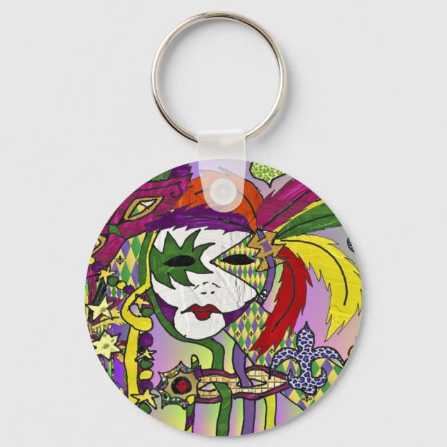Psychedelic Mardi Gras Feather Masks Gifts Apparel Key Ring (Front)