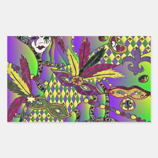 Psychedelic Mardi Gras Feather Masks Gifts Apparel Rectangular Sticker (Front)
