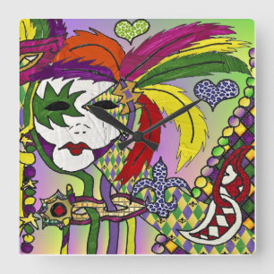 Psychedelic Mardi Gras Feather Masks II Clock