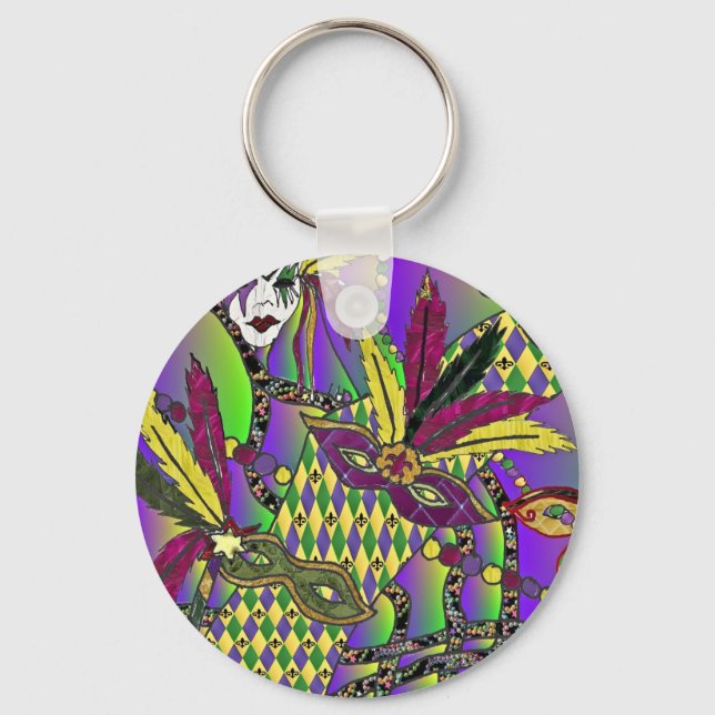 Psychedelic Mardi Gras Feather Masks Key Ring (Front)