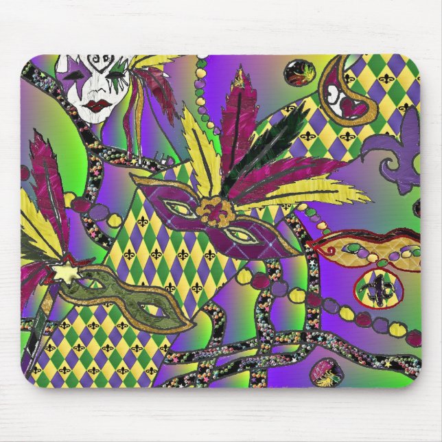 Psychedelic Mardi Gras Feather Masks Mouse Mat (Front)