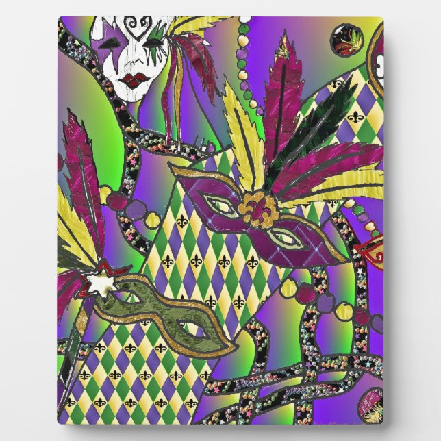 Psychedelic Mardi Gras Feather Masks Plaque (Front)