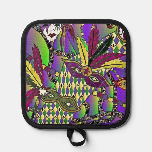 Psychedelic Mardi Gras Feather Masks Pot Holder (Front)