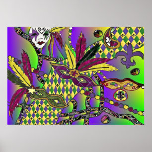Psychedelic Mardi Gras Feather Masks Print Poster