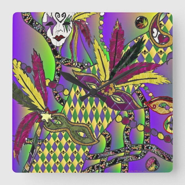 Psychedelic Mardi Gras Feather Masks Square Wall Clock (Front)