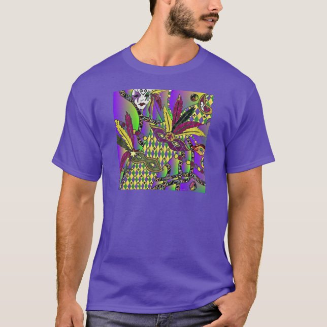 Psychedelic Mardi Gras Feather Masks T-Shirt (Front)