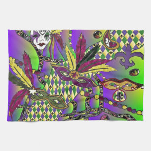 Psychedelic Mardi Gras Feather Masks Tea Towel