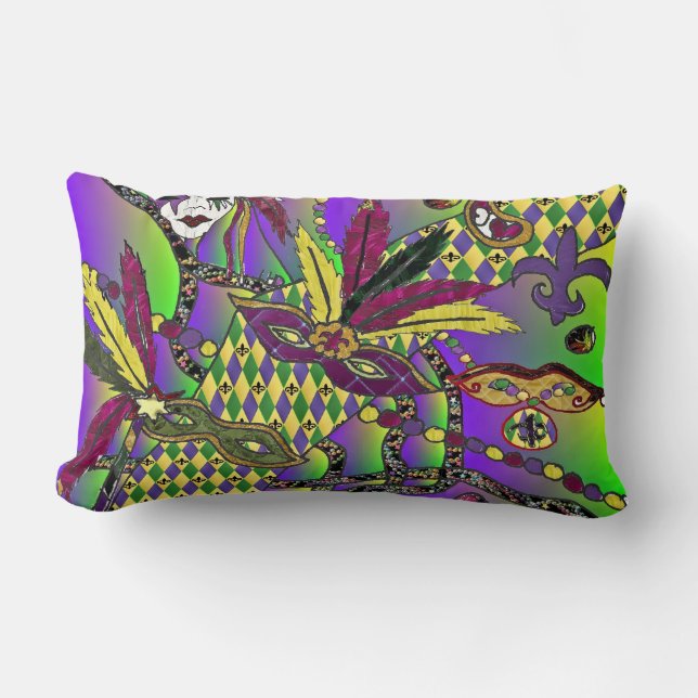 Psychedelic Mardi Gras Feather Masks Throw Pillow (Front)