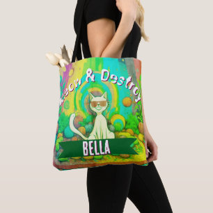 Psychedelic Meow & Destroy Personalised Cat  Tote Bag
