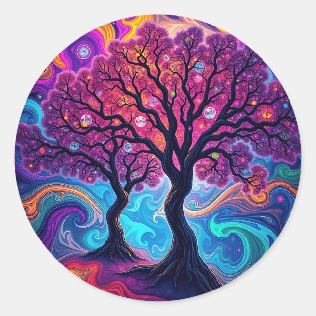 Psychedelic Morphing Trees Art Classic Round Sticker (Front)