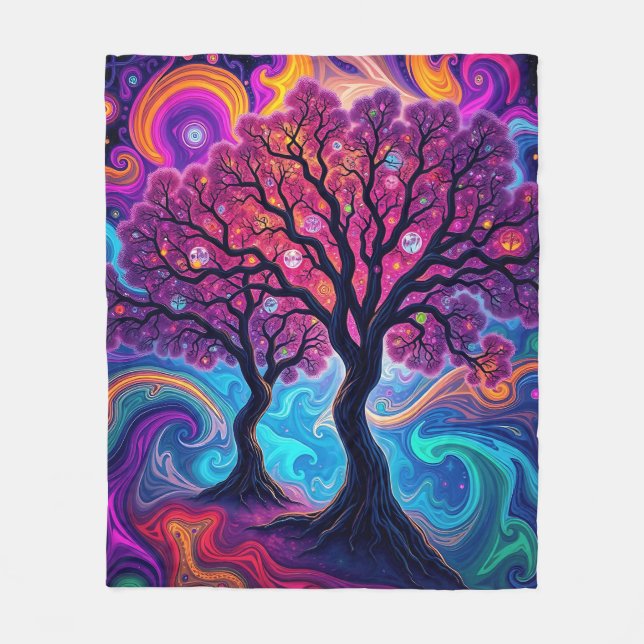 Psychedelic Morphing Trees Art Fleece Blanket (Front)