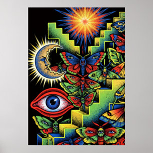 Psychedelic Moths Eyes Sun Moon Surreal Art Poster