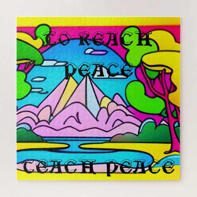 Psychedelic mountains, lake, trees. Peace Jigsaw Puzzle (Horizontal)