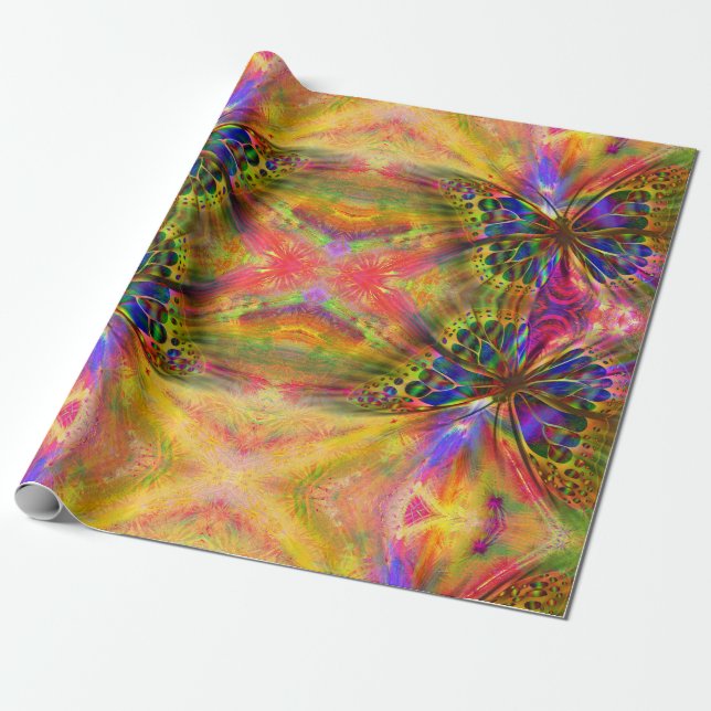 Psychedelic & Multi-Coloured Butterfly Wrapping Paper (Unrolled)