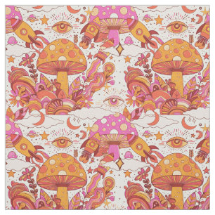 Psychedelic Mushroom and Rockets Retro Trippy  Fabric