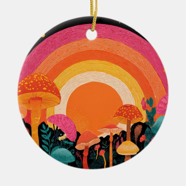 Psychedelic Mushroom Sunset – Retro Fantasy Nature Ceramic Tree Decoration (Front)