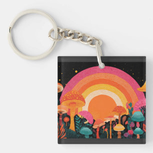 Psychedelic Mushroom Sunset – Retro Fantasy Nature Key Ring