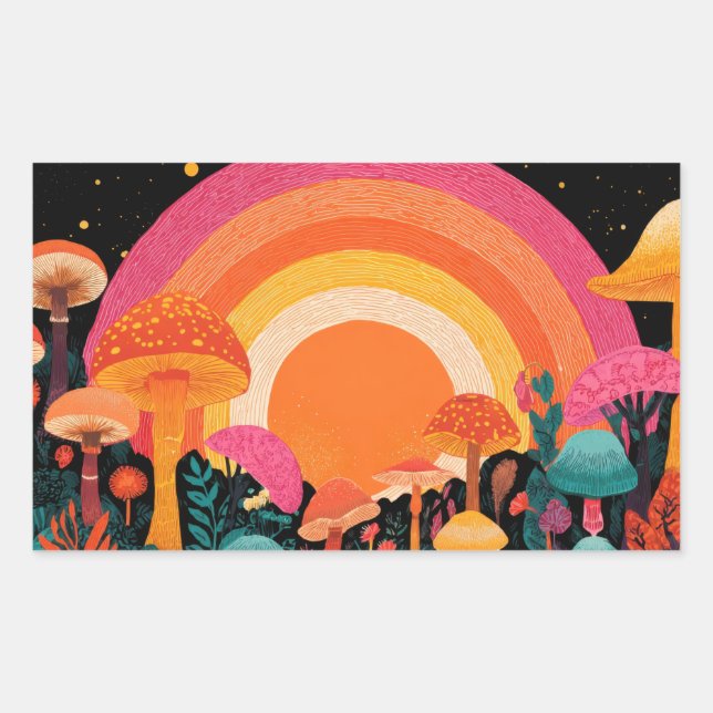 Psychedelic Mushroom Sunset – Retro Fantasy Nature Rectangular Sticker (Front)