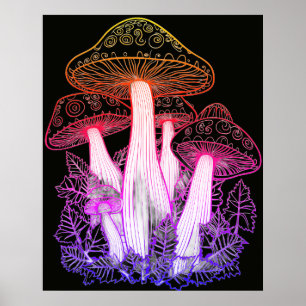 Psychedelic Mushrooms Black Background On a Wall Poster