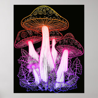 Psychedelic Mushrooms Black Background On a Wall Poster