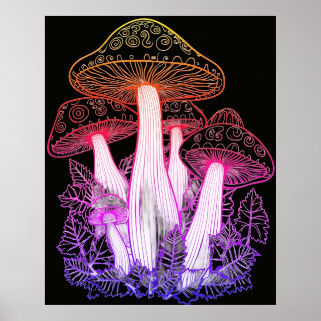 Psychedelic Mushrooms Black Background On a Wall Poster (Front)