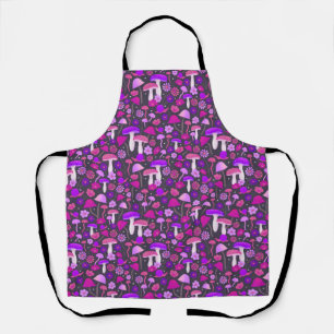 Psychedelic Mushrooms & Floral Pink, Purple, Black Apron