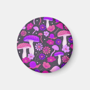 Psychedelic Mushrooms & Floral Pink, Purple, Black Magnet