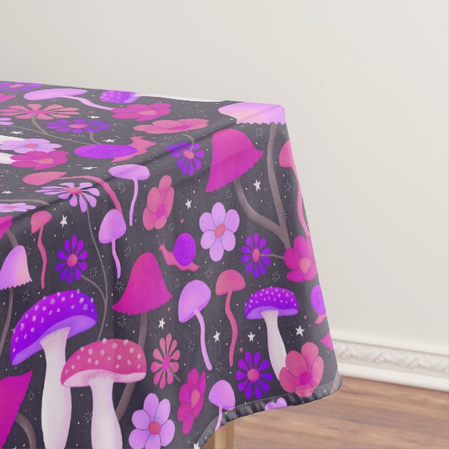 Psychedelic Mushrooms & Floral Pink, Purple, Black Tablecloth (In Situ)