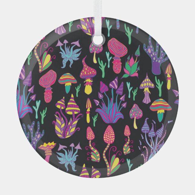 Psychedelic Mushrooms Rainbow Colours Pattern Glass Tree Decoration (Front)