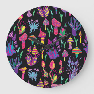 Psychedelic Mushrooms Rainbow Colours Pattern Large Clock