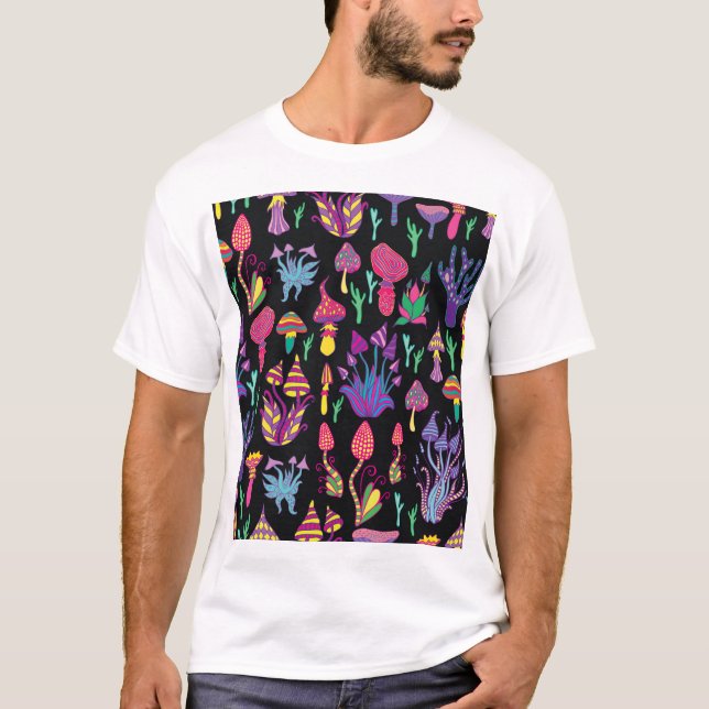 Psychedelic Mushrooms Rainbow Colours Pattern T-Shirt (Front)