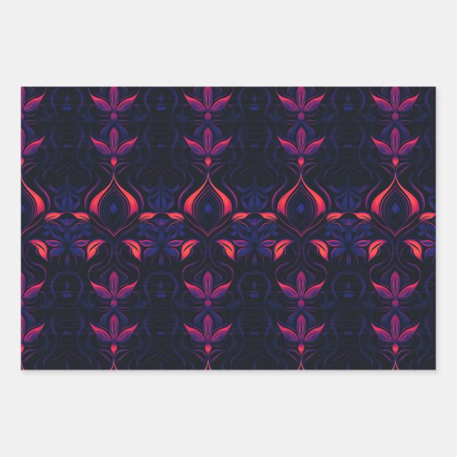 Psychedelic Neon Flower Art Nouveau Pattern Wrapping Paper Sheet (Front)