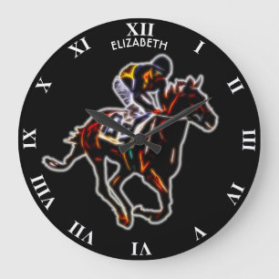 Psychedelic Neon Glowing Fractal Racing Horse Large Clock