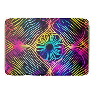 Psychedelic Neon Lines with Flower Art Bath Mat