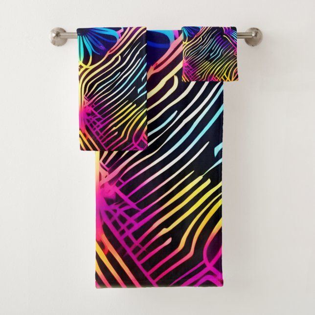 Psychedelic Neon Lines with Flower Art Bath Towel Set (Insitu)